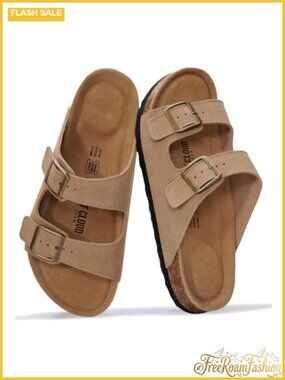 100% Genuine Leather Women's Slide Sandals Memory Foam Cork Footbed